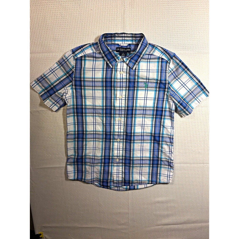 U.S. Polo Assn. Men's L Blue/White Plaid Cotton Short Sleeve Button-Down